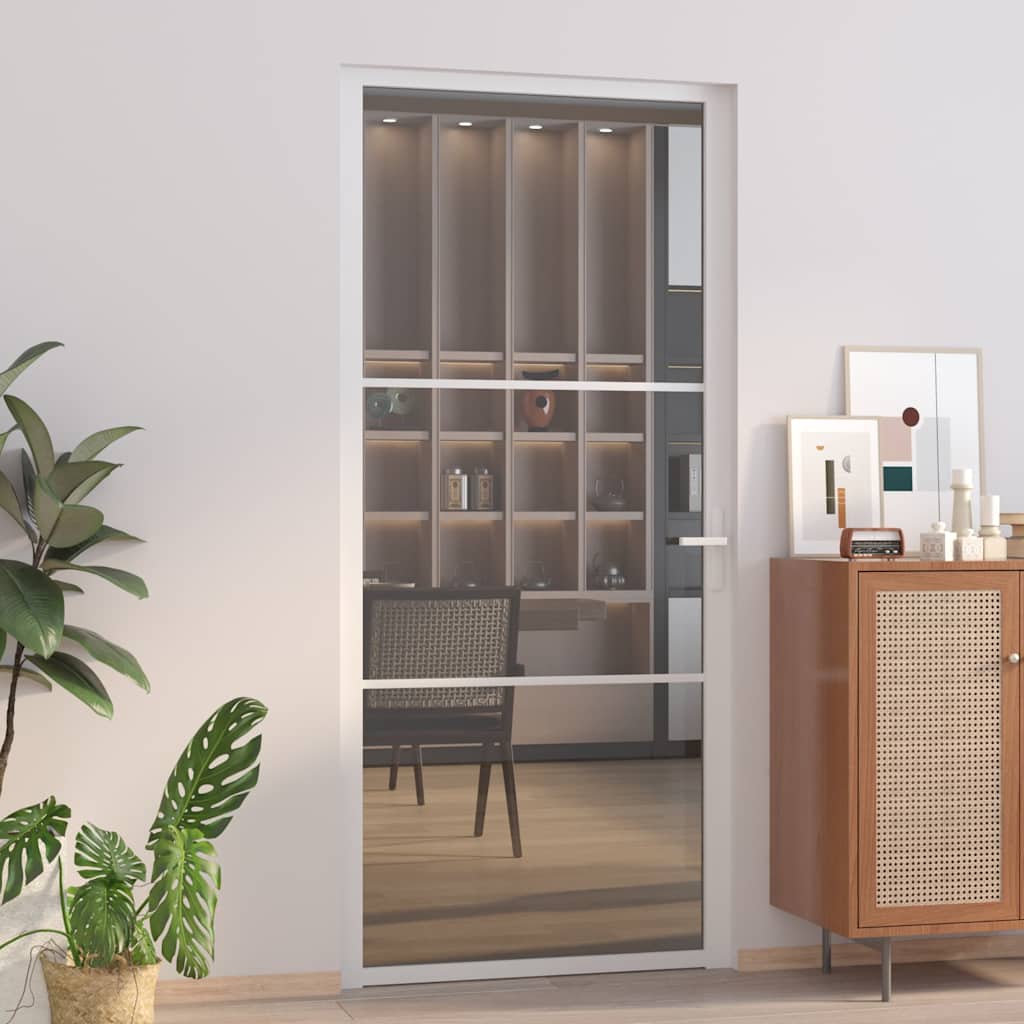 Interior Door 93x201.5 cm White Tempered Glass and Aluminum