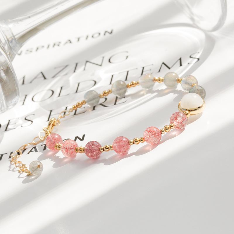 

Браслет из натуральных кристаллов - Клубничный кварц, Серый лунный камень, Лабрадорит, Бижутерия с бусинами для женщин Adjustable 14-18 cm