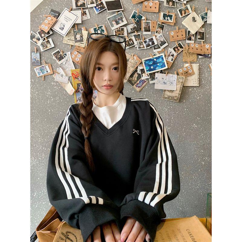 

Kumikumi Preppy Vertical Stripes Long sleeve Hoodie Women clothes Autumn Loose Slimming Versatile Temperament Black Top Black L