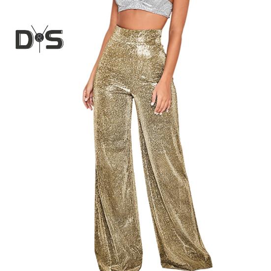 Spodnie damskie z szerokimi nogawkami i nadrukiem na gorąco, błyszczące, długie, klubowe, występy, zapięcie na suwak, spodnie z brokatem