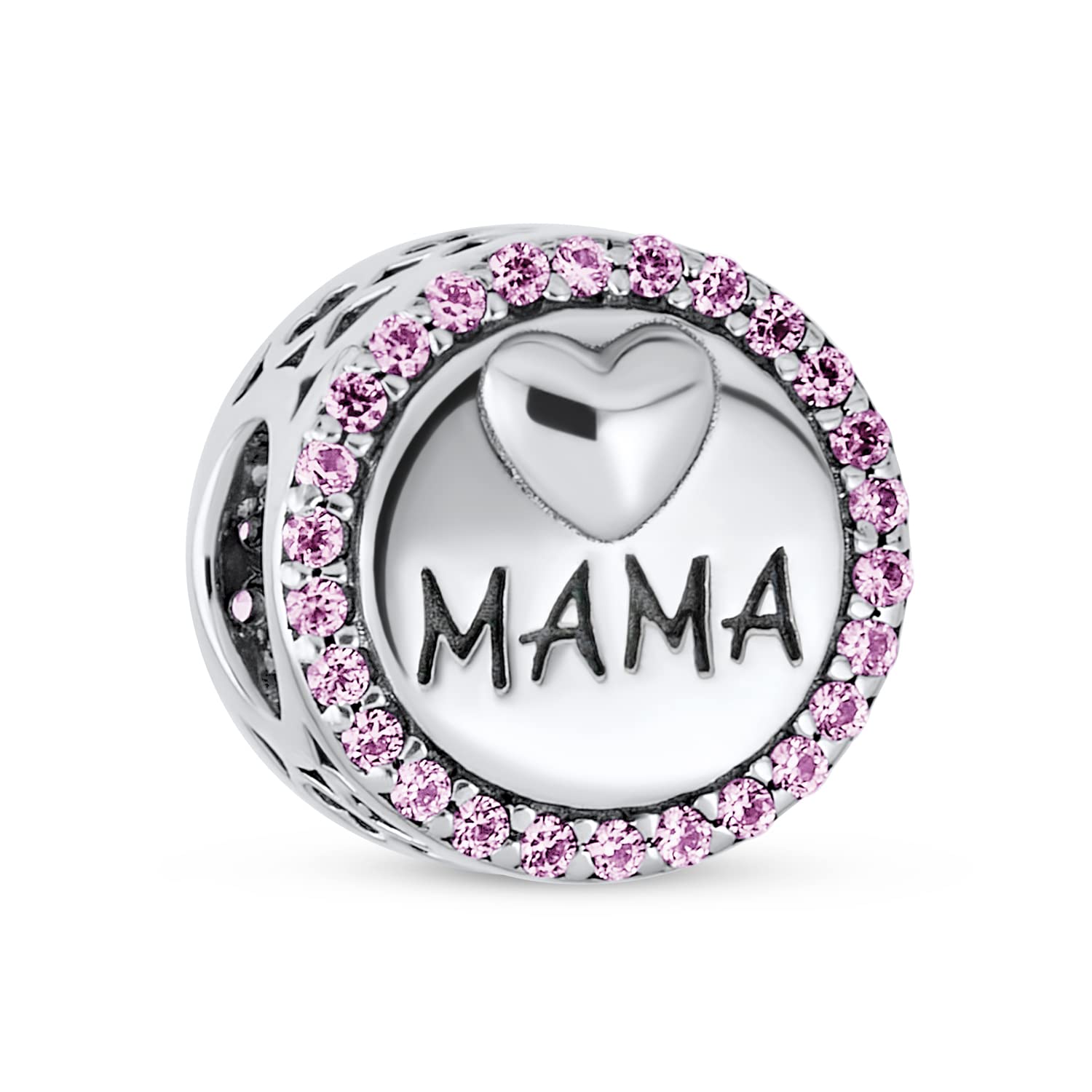 

Round Circle Pink Crystal Accent Mother Heart Word MAMA Charm Beads for Women Sterling Silver Fit European Bracelet Wife.925