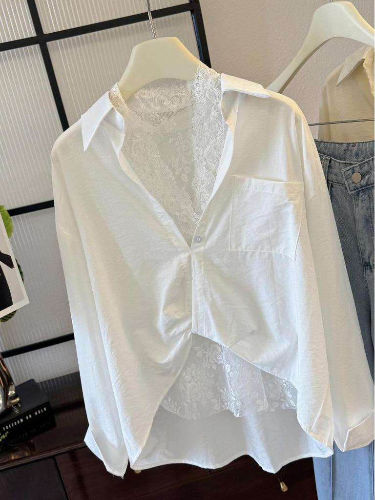 French-Style Two-Piece Set: Turn-Down Collar Long Sleeve Shirt + Lace Vest for Women.