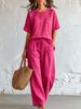 Damen Kurzarm-Oberteil mit Knopfleiste und Hose mit Kordelzug, Zweiteiler, Lässiges lockeres Outfit in Unifarbe