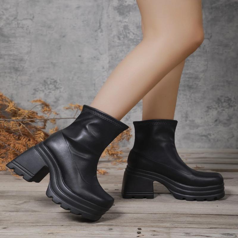 Women New Fashion Short Boots Female Sexy Leather Shoes Square Toe Gothic Zipper High Heels Casual Thick Soled Comfort Footwear