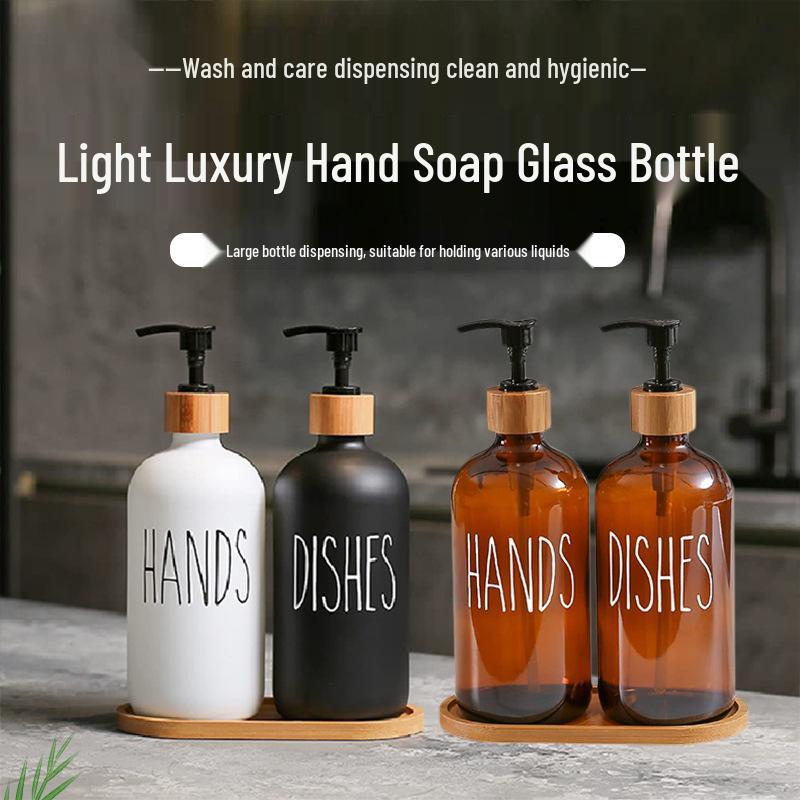 Hand soap glass refill bottle 500ml with black-and-white wood pump and lid.