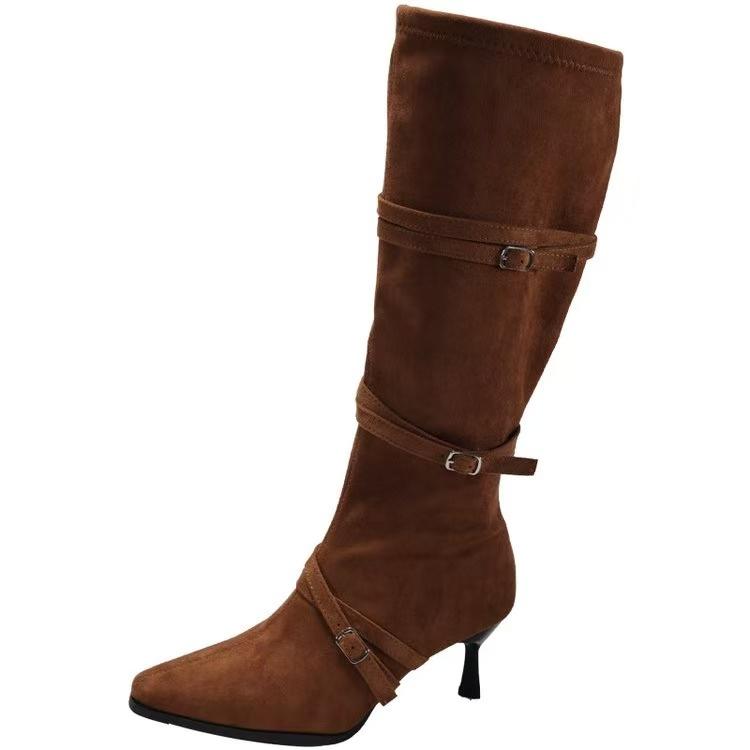 

Belt Buckle Stiletto Heel Tall Boots Fashion Pointed Toe Scrub Side Zipper Non-Slip Temperament Pumps 39