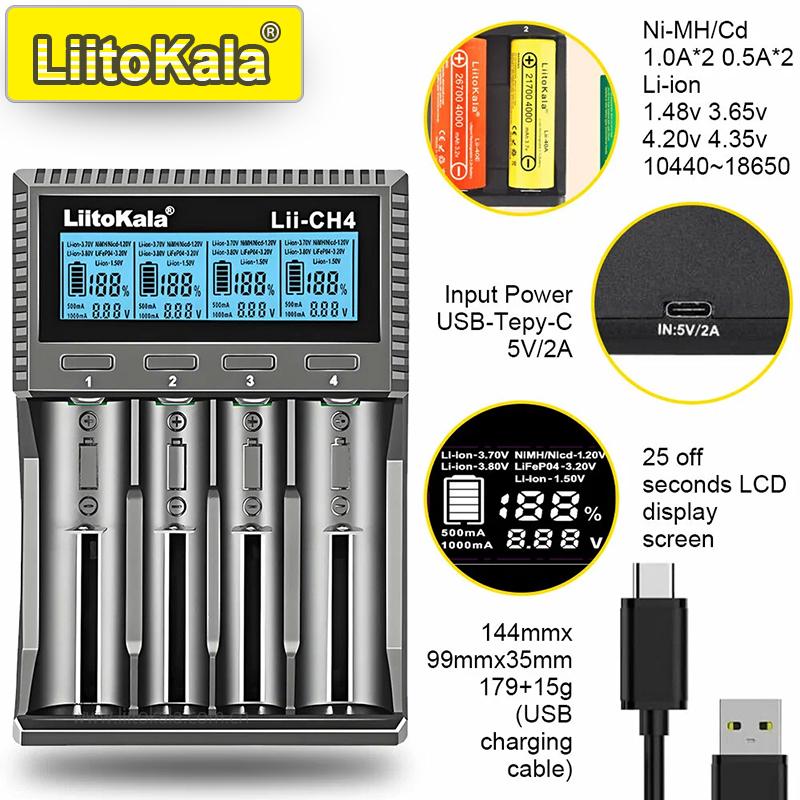 LiitoKala Lii-CH4 Smart-Ladegerät für 18650/21700/26650/AA/AAA/Ni-MH/Li-ion, 1,2V/1,5V 4-Schacht Schnellladung, USB-C, Automatische Erkennung