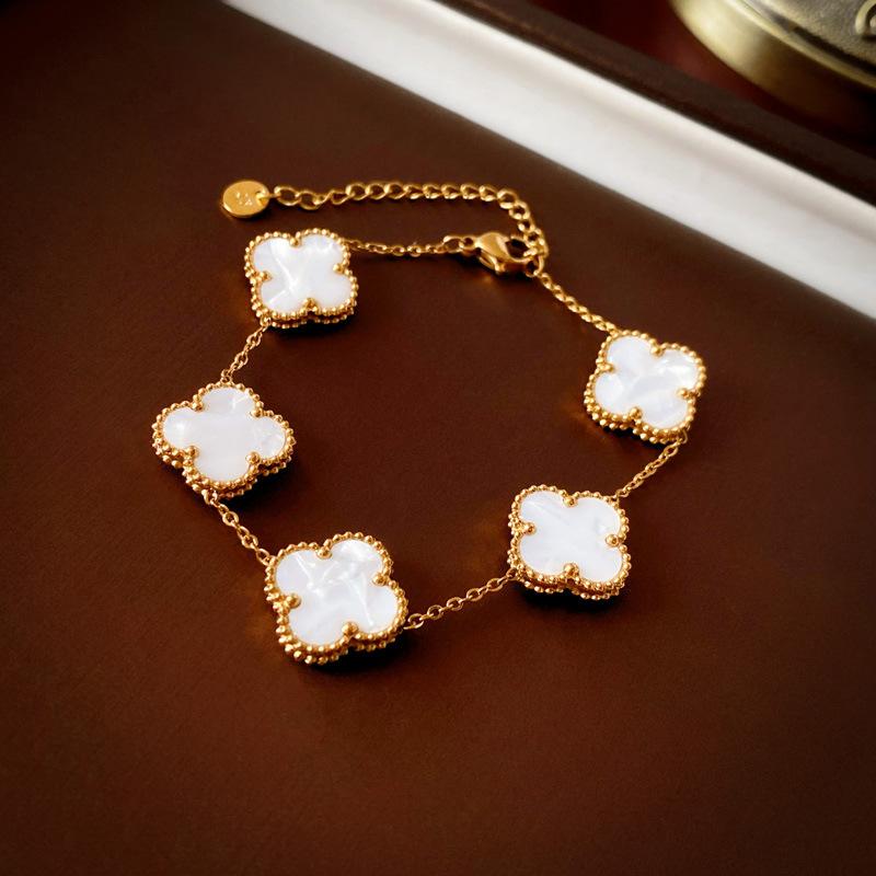 Hand Circumference 20cm Pink Fritillary Four-leaf Clover Bracelet Women's 18K Gold Niche Light Luxury