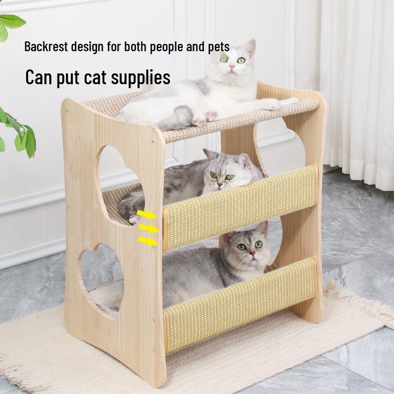 Solid Wood Multi-Layer Pet Bunk Bed: Cat Nest & Small Dog Hammock