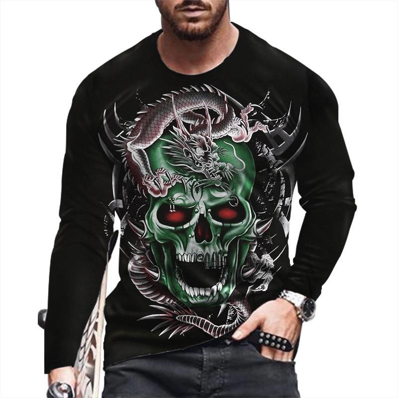 Spring and Autumn Round Neck Skull 3D Printed Top Fashionable Casual Long Sleeved Men's T-shirts