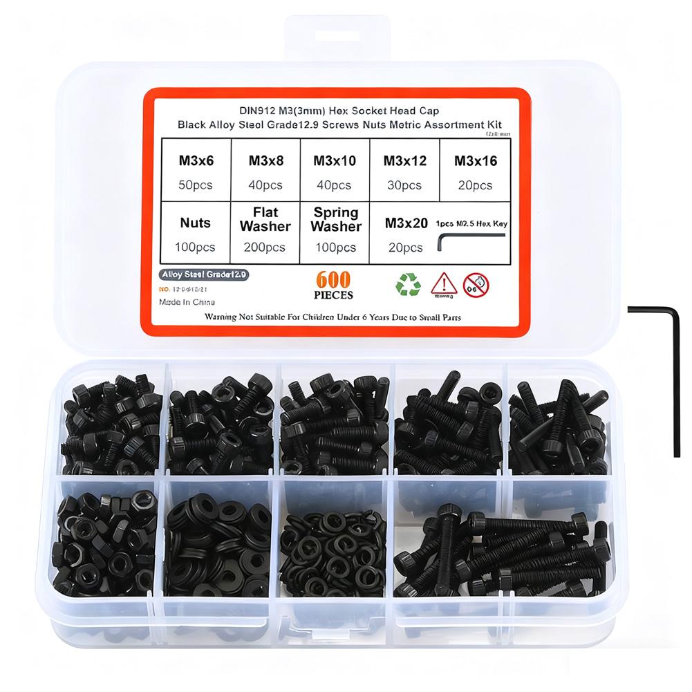 Hex Socket Head Cap Screws Nuts Metric Kit 600PCS 3mm Black Zinc Plated Carbon Steel Grade 12 9 with Hex Wrench China Mainland