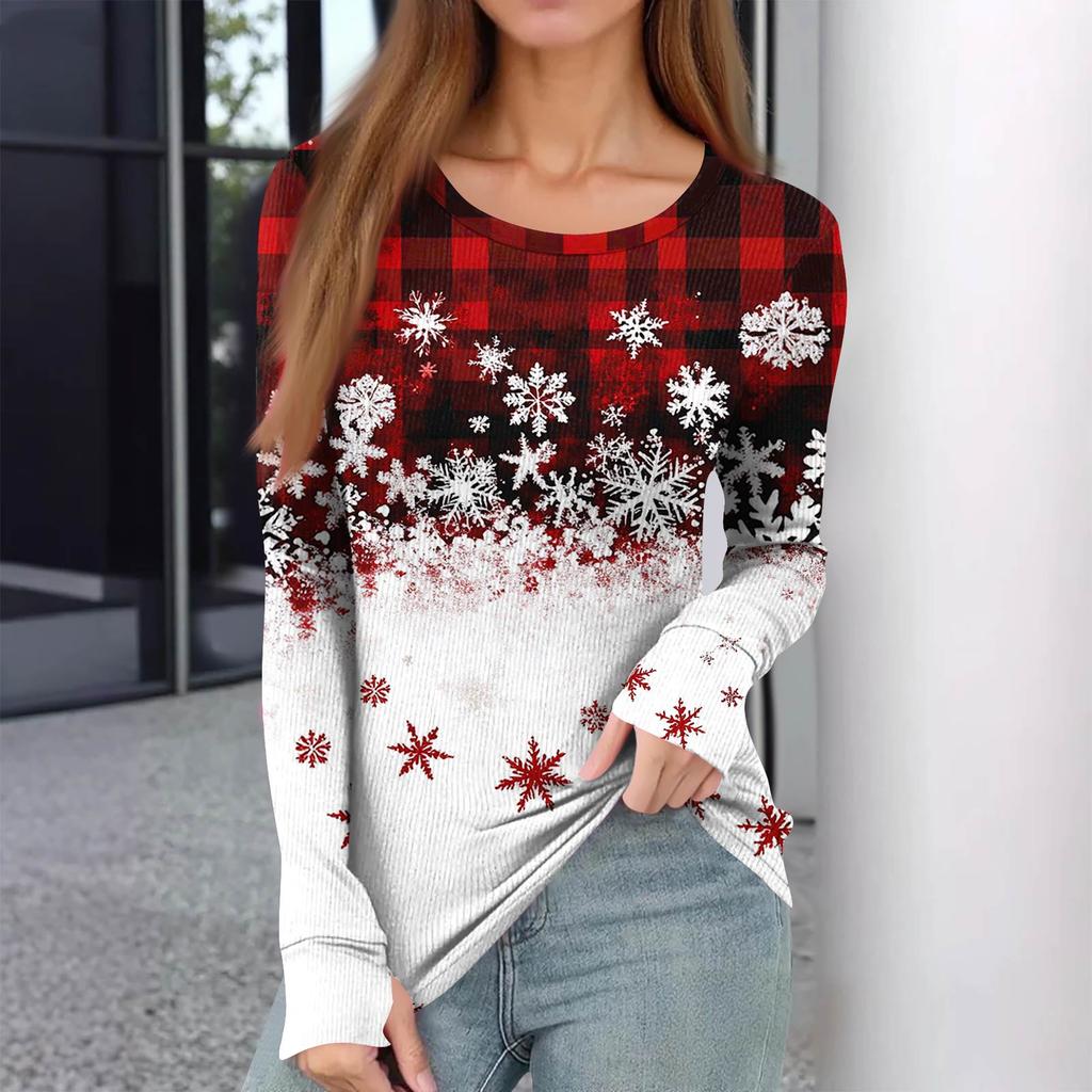 Damen Winter Slim Unterteil T-Shirt Mode Lässig Farbverlauf Druck Rundhals Pullover Langarm Oberteil