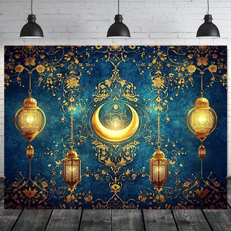 

2D Ramadan Kareem Backdrop Blue Gold Moon & Lantern Photography Background for Eid Party 47.2x31.5inch/120*80cm