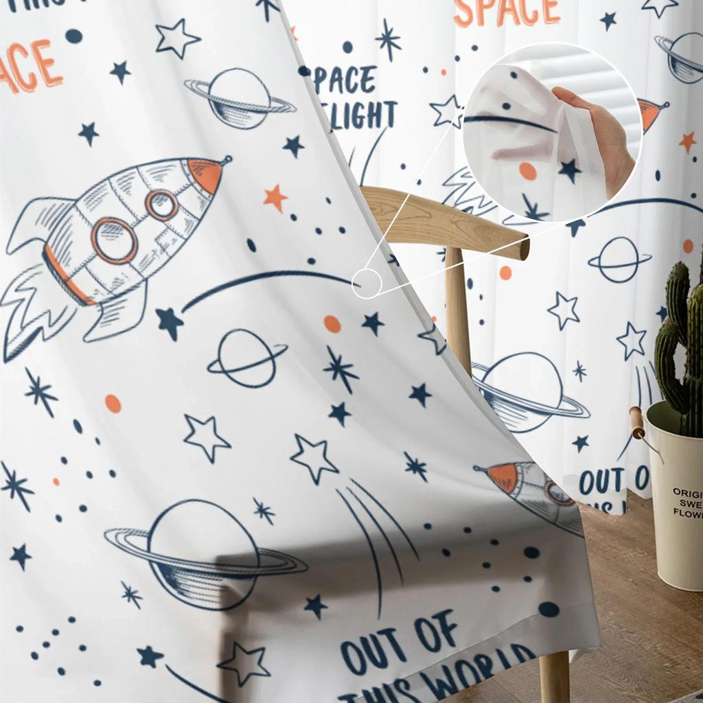 Universe Space Rocket Cartoon White Tulle Sheer Curtains for Living Room Decor Window Curtain for Bedroom Voile Organza Drapes