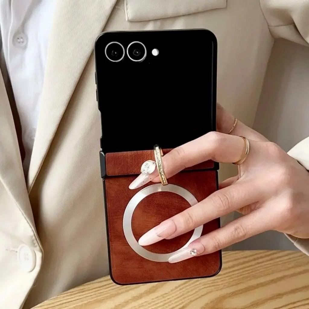 Luxury Business Sle Leather Metal Finger Ring Holder for Magsafe Magnetic Phone Case for Samsung Z Flip 7 6 5 4 3 Protect Cover