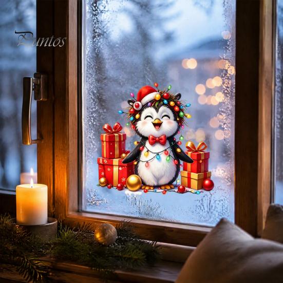 Holiday Scene Setting Decals Christmas Spotted Puppy/Penguin Static Window Sticker, Cute Watercolor Animal Glass Stickers with Colorful Lights & Gift