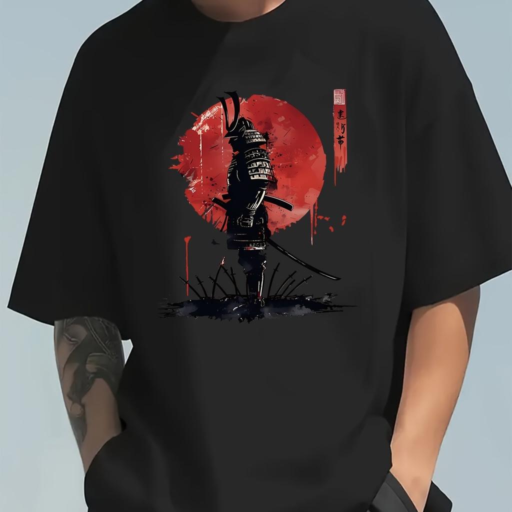 Men's Summer 100 Cotton Fashionable Casual Loose Japanese Samurai Pattern Printed Round Neck Short Sleeve T-shirt Top