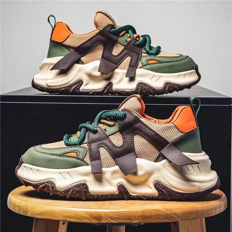 Fashion Chunky Sneakers Men Soft Sole Running Shoes Fashion Casual Leather Color Block Design Breathable Height Increased Platform Shoes