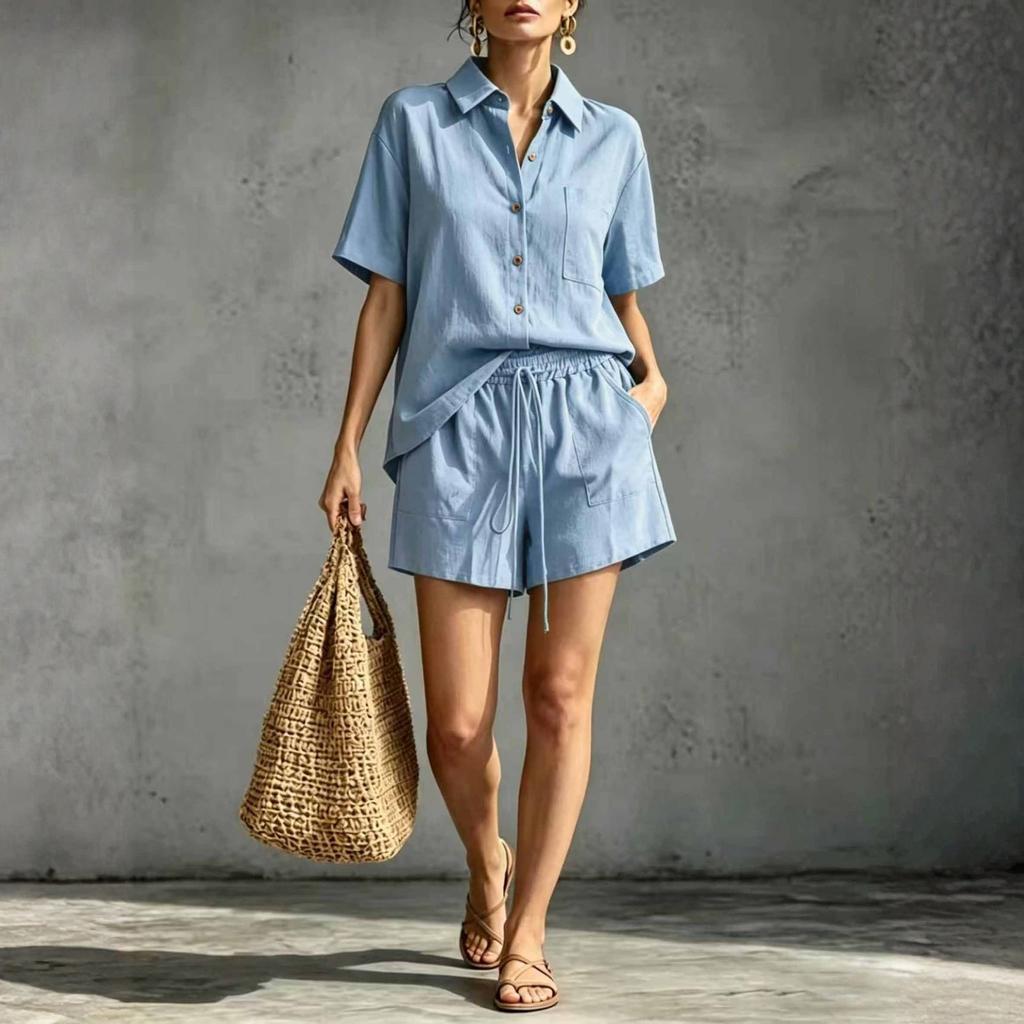 Linen Sets For Women 2 Piece Short Sleeve Button Down Shirt And Shorts Casual Comfy Cotton Outfits