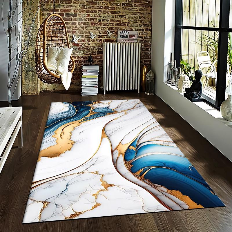 Marble Texture Carpet with Gold and Blue Abstract Art Design Suitable for Use As an Anti-slip for Living Room Bedroom Sofas