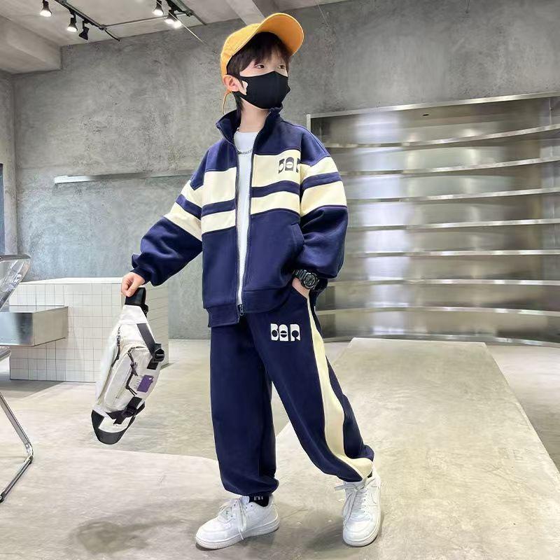 

Модный комплект одежды для мальчиков Весна Осень Лоскутный плащ на молнии Штаны 2 шт. Для детей 4-12 лет Спортивные костюмы Подростковая повседневная одежда 120 темно-синий