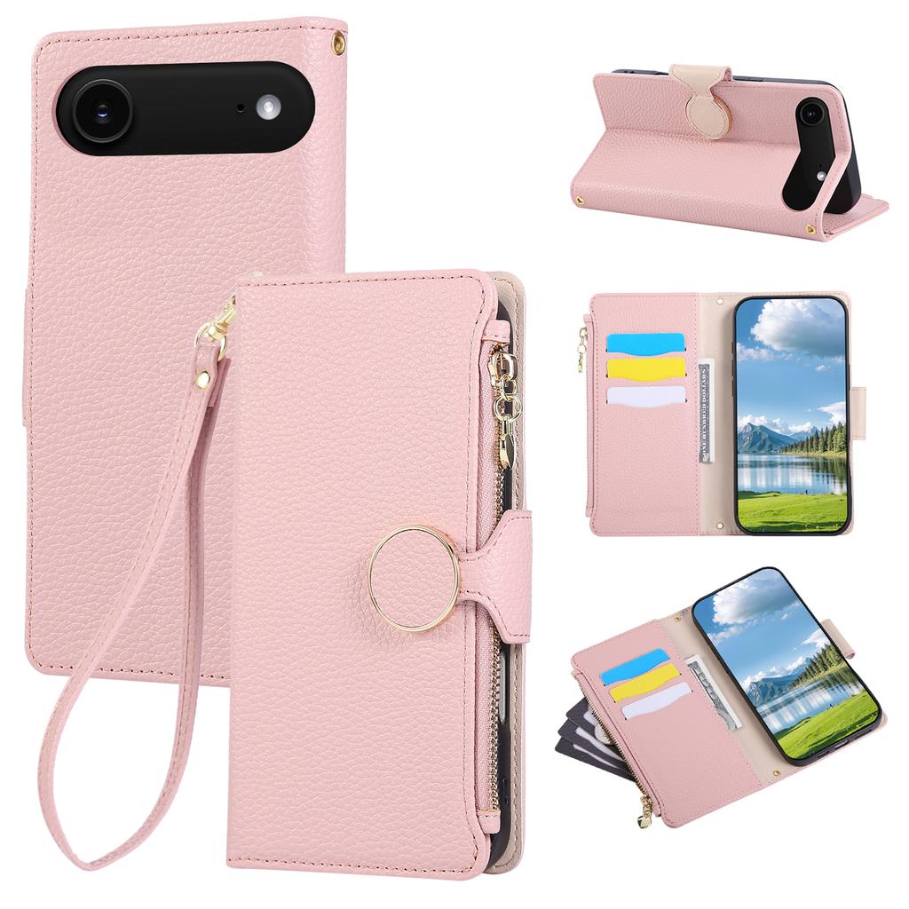 For iPhone 17 Air Case Zipper Wallet Leather Phone Cover with Wrist Strap
