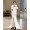 One-word Shoulder Evening Dress Sexy Split-ended White Art Test Solo Performance Dress Waist Fishtail Small Trailing Light Wedding Dress