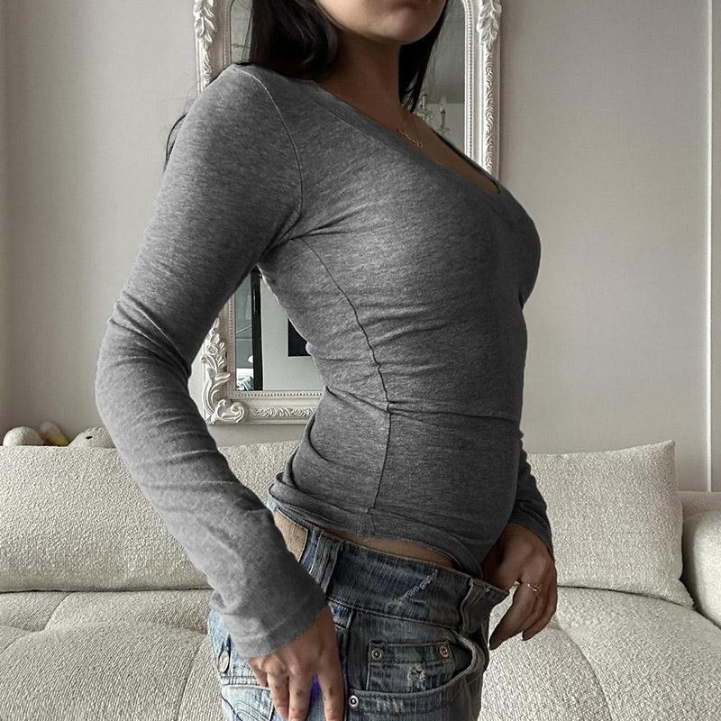 Women Plunging Neck Basic T-Shirt Autumn Solid Slim-fitting Full Sleeve Top Casual Versatile Simple  Shirt