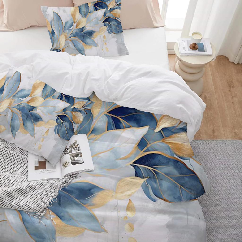 Blue And Gold Leaf Pattern 3D Printed Down Duvet Cover Bedding Set Soft And Comfortable Luxurious Duvet Cover Pillowcase