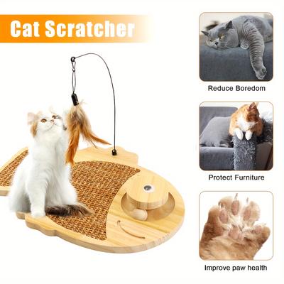 Planche à gratter multifonctionnelle pour chat avec jouet en plumes, corde de chanvre et conception en forme de poisson