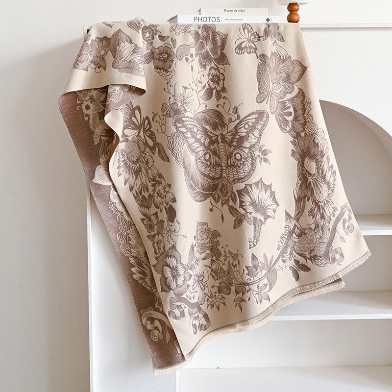Autumn And Winter Flowers Linger With Butterflies, Simple Women'S Imitation Cashmere Warm Scarf, Versatile Long Shawl Cape