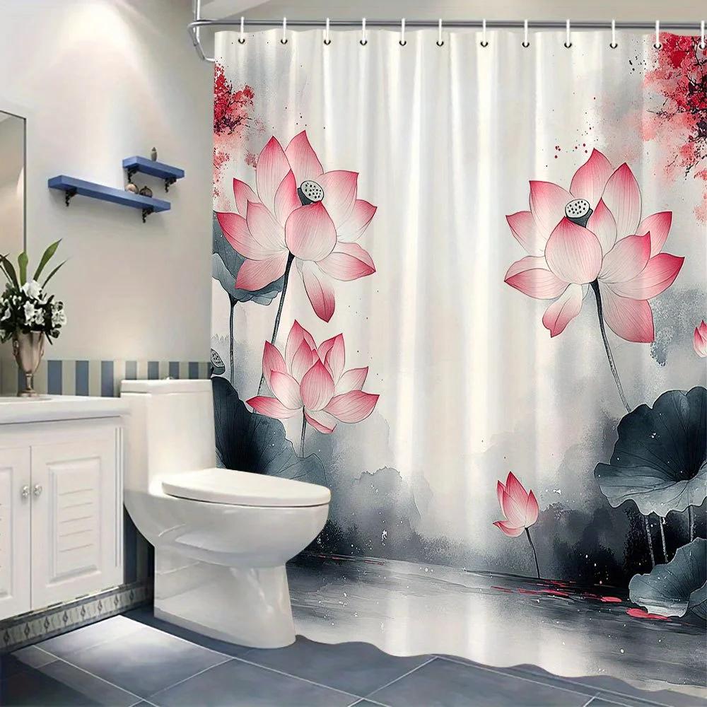 Tranquil Pink Lotus Watercolor Shower Curtain - Serene East Asian Design, Misty Landscape, 12 Hooks, Calming Bath Decor