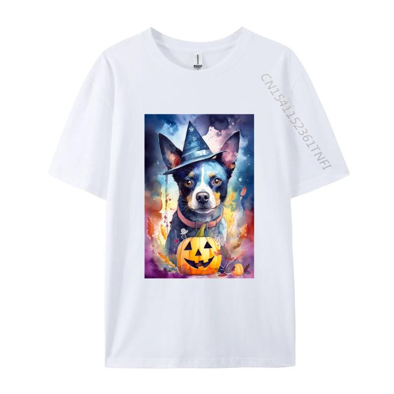 Halloween Blue Heeler With Pumpkins Dog T Shirt New Coming Cotton Adult T Shirt Slim Fit Fitted Round Neck TShirt