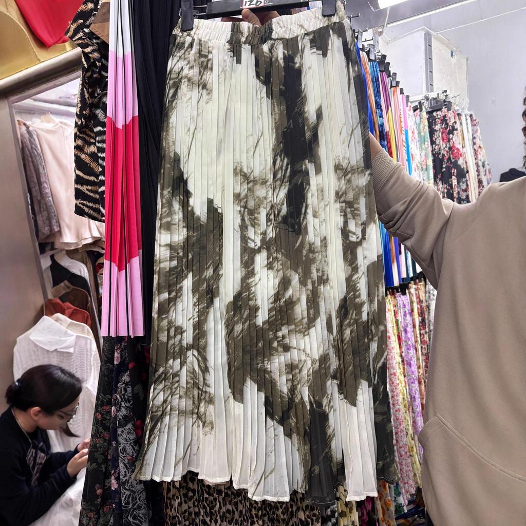 European & American Pleated Print Midi Skirt, Soft Chiffon Fabric, High Waist, Versatile Style