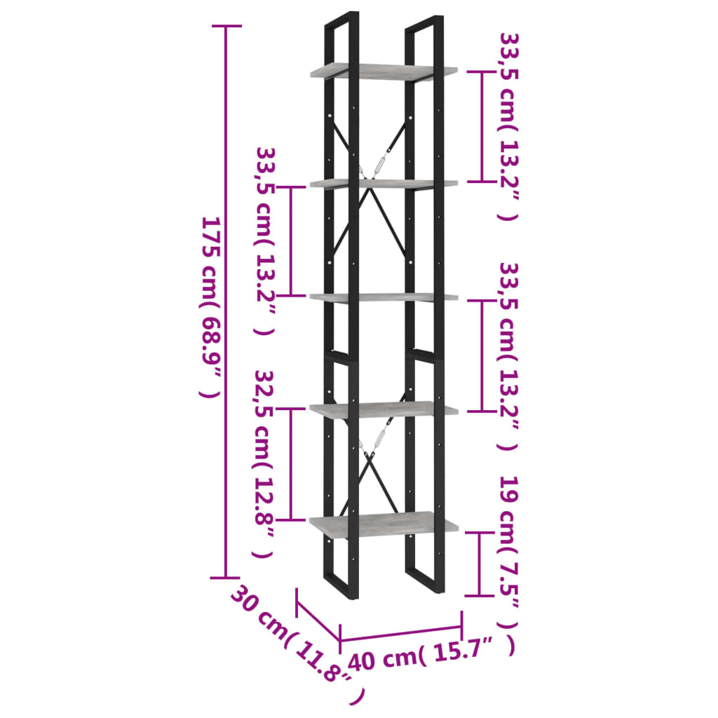 5 Shelf Bookcase Concrete Grey 40 x 30 x 175 cm Engineered Wood