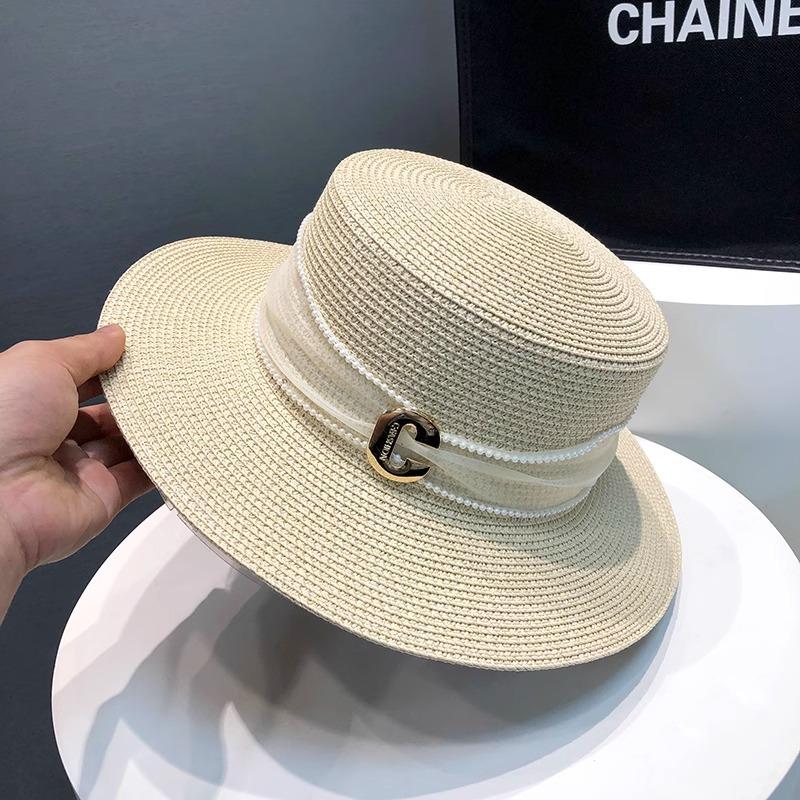 Flat top straw hat women's summer outing seaside sunshade sunscreen sun hat new straw temperament top hat