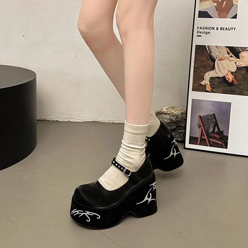 Women's Platform High Heels Gothic Lolita New Mary Jane Shoes Casual Woman Heeled Party Wedges Thick Bottom Pumps Black Loafers