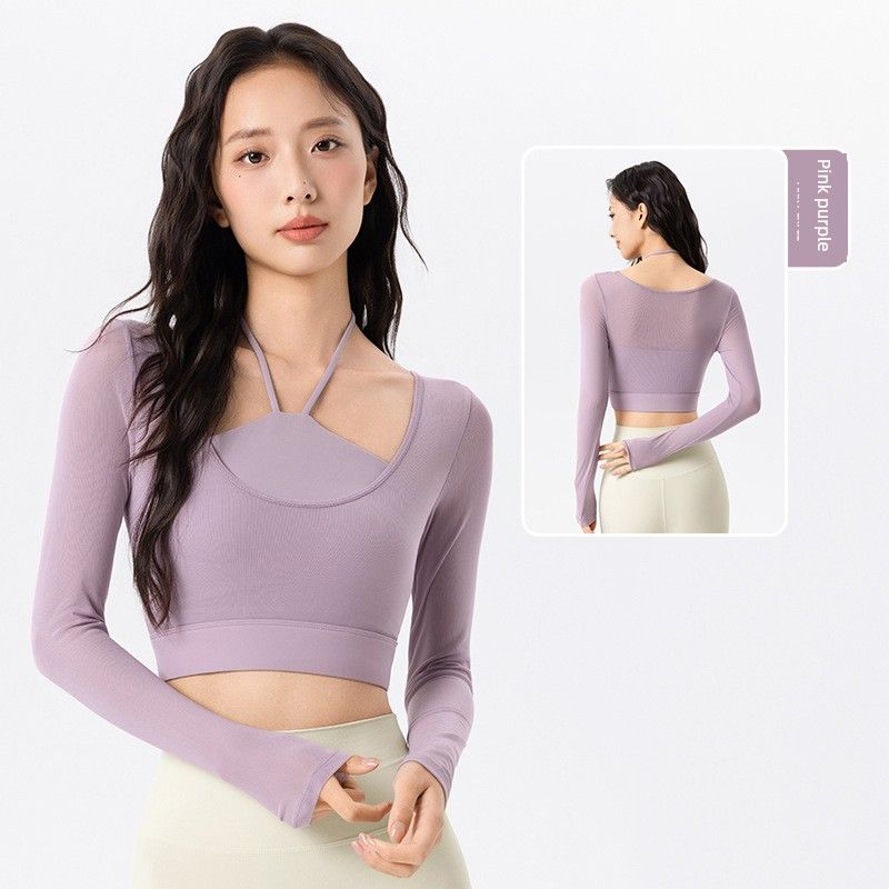 

Lu Same Style Mesh Yoga Clothes Long Sleeves Women s Professional Pilates with Chest Pad Training Wear Tops Sports Workout Clothes Pink purple L