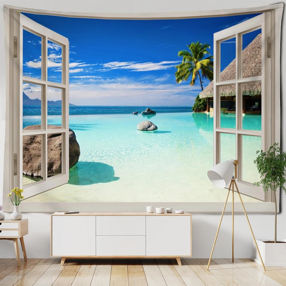 Sunset Coconut Tree Seaside Scenery Tapestry Bohemian Style Aesthetics Room Background Cloth Tapiz Decor