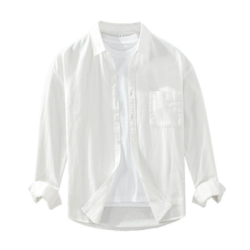 Men's Long-Sleeve Shirt for Spring and Autumn, Fresh White Versatile Pure Cotton Shirt with a Turn-Down Collar, Comfortable and Soft Top