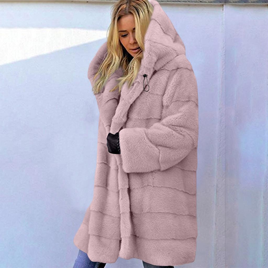 Women's Mid-length Solid Color Loose Plush Hooded Coat