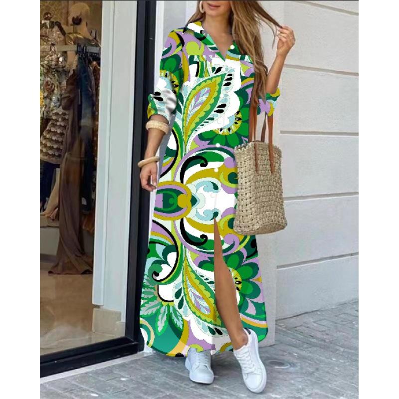 Dames Casual Dagelijkse Lange Mouw Omgeslagen Kraag Jurk Knopen Kettingen Print Mode Streetwear Jurk Losse Lange Jurk