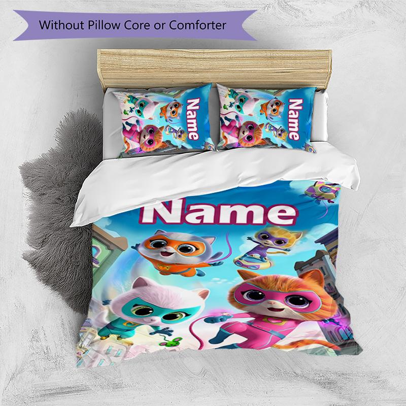 3pcs Super Kitties Adventures1 Cover Set - Personalized Name, HD Printed Bedding with 1 Cover and 2 Pillowcases - Perfect for Home Decor, Easy C