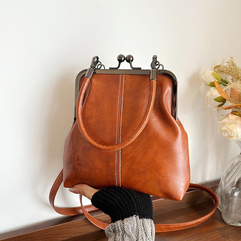 Large Capacity Retro Frosted Handbag Kiss Lock Short Handle Leather Crossbody Bag Clip Closure PU Clutch Shoulder Bag