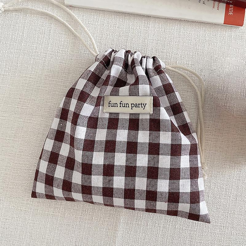 Multifunctional Cotton Plaid Storage Drawstring Bag For Women Portable Finishing Storage Pouch Cute Makeup Bag Candy Organizer