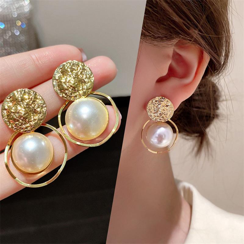 Irregular Round Large Pearl Hollowed Geometric Metal Earrings For Women Party Gift Jewelry Accessories