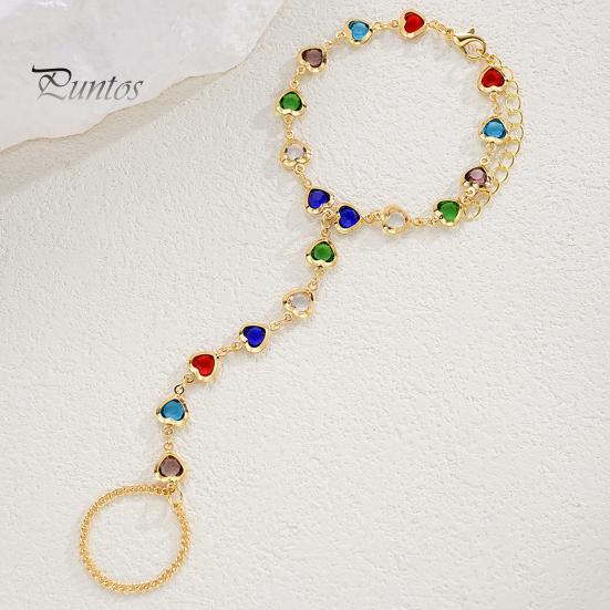 Versatile Fashion Jewelry Hand Chain Bracelet with Ring for Women, Colorful Heart Shaped Wrist Combo Faux Crystal Healing Jewelry, Gifts Best