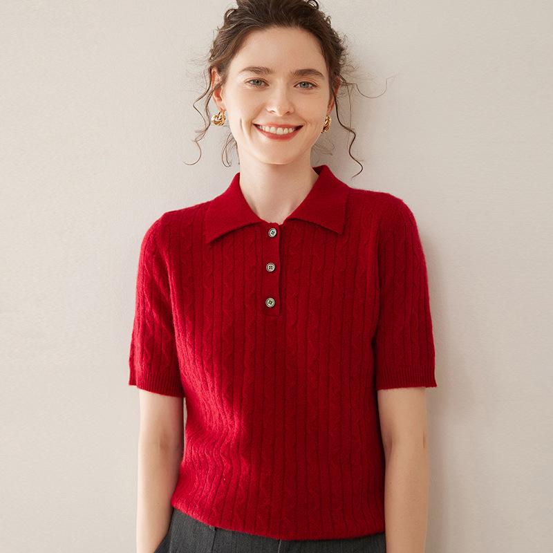Short-Sleeve Women's Cashmere Polo with Lambswool Collar, Loose Fit, Versatile Cable Knit.
