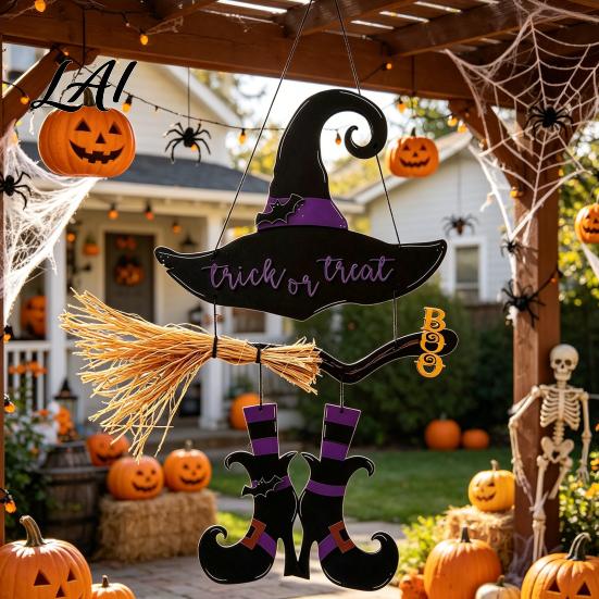 Hanging Wall Decor Halloween Witch Hat Boot Sign Trick or Treat Decoration Reusable Sign for Home Room Wooden Front Door Hanger Holiday Party,