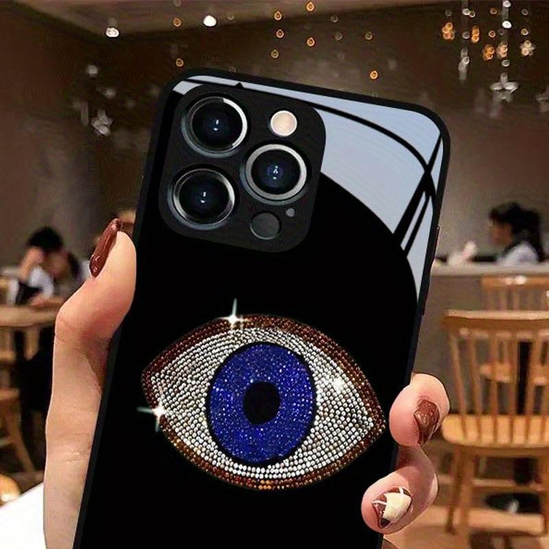 Diamond Studded Blue Eye Pattern Tempered Glass Phone Case For Samsung Galaxy S26 S25 S24 S23 Ultra Plus FE Shockproof Cover